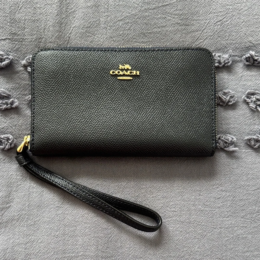 Coach Navy Leather Wristlet with Gold Accents - Picture 1 of 4